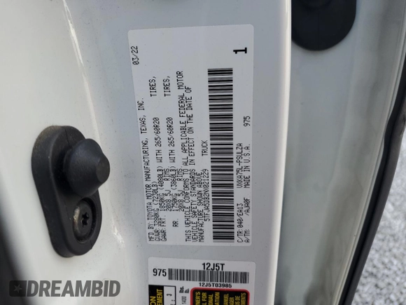 2022 Toyota Tundra Limited z VIN 5TFJA5DB2NX021229, wystawiony jako Copart lot #75503534 z przebiegiem Nie podano mil oraz Szkoda całkowita • Salvage title. Historia ofert i sprzedaży dostępna na DreamBid. Obrazek 14.