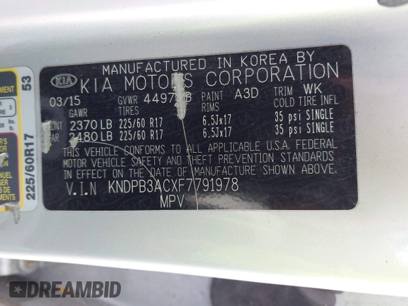 2015 Kia Sportage LX with VIN KNDPB3ACXF7791978, listed as a IAAI auction lot 42131383 with 140,533 mi miles and . Bid and sale history available at carsss.com. Image 9.