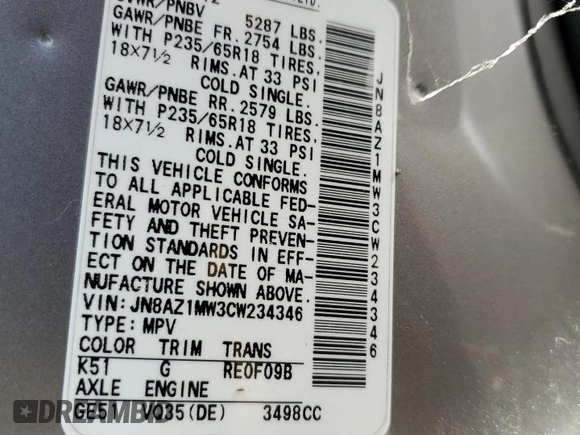 2012 Nissan Murano SL z VIN JN8AZ1MW3CW234346, wystawiony jako Copart lot #58877934 z przebiegiem Nie podano mil oraz Nie do naprawy • Non repairable. Historia ofert i sprzedaży dostępna na DreamBid. Obrazek 13.