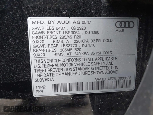 2018 Audi Q7 Premium Plus with VIN WA1LHAF76JD000508, listed as a IAAI auction lot 41837269 with 96,296 mi miles. Bid and sale history available at carsss.com. Image 9.