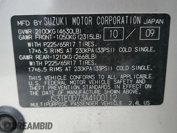 2010 Suzuki Grand Vitara Limited z VIN JS3TE0D73A4100112, wystawiony jako Copart lot #50907365 z przebiegiem 146 484 mil mil oraz Szkoda całkowita • Salvage title. Historia ofert i sprzedaży dostępna na DreamBid. Obrazek 13.