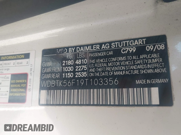 2009 Mercedes-Benz CLK 350 with VIN WDBTK56F19T103356, listed as a IAAI auction lot 42680193 with 151,300 mi miles and . Bid and sale history available at DreamBid. Image 9.