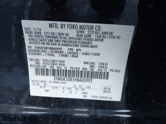 2017 Ford Flex Limited with VIN 2FMGK5D85HBA00992, listed as a IAAI auction lot 41398888 with 121,000 mi miles. Bid and sale history available at carsss.com. Image 9.