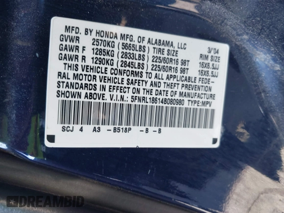 2004 Honda Odyssey EX z VIN 5FNRL18614B080980, wystawiony jako IAAI lot #41940014 z przebiegiem 233 465 mil mil oraz . Historia ofert i sprzedaży dostępna na DreamBid. Obrazek 9.