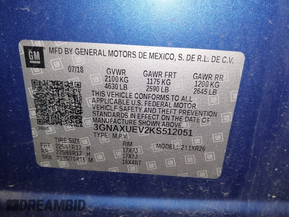 2019 Chevrolet Equinox LT z VIN 3GNAXUEV2KS512051, wystawiony jako IAAI lot #42046098 z przebiegiem 91 032 mil mil oraz . Historia ofert i sprzedaży dostępna na DreamBid. Obrazek 9.