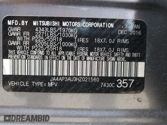 2017 Mitsubishi Outlander ES with VIN JA4AP3AU3HZ021560, listed as a Copart auction lot 58115695 with 122,807 mi miles and Salvage title. Bid and sale history available at DreamBid. Image 12.