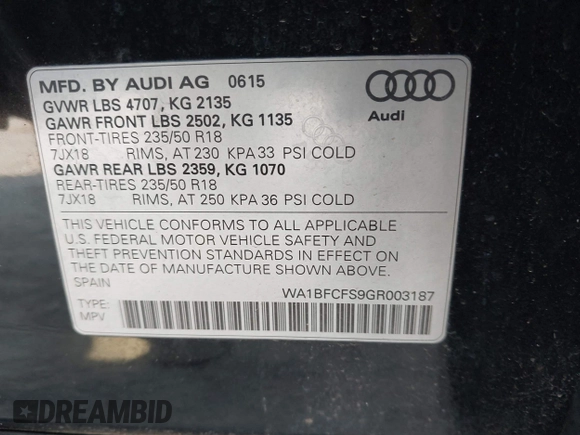 2016 Audi Q3 Premium Plus with VIN WA1BFCFS9GR003187, listed as a IAAI auction lot 42609080 with 146,379 mi miles and . Bid and sale history available at DreamBid. Image 8.