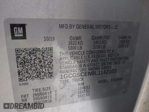 2020 Chevrolet Colorado 2WD LT with VIN 1GCGSCEN9L1142103, listed as a IAAI auction lot 41729963 with 83,180 mi miles and . Bid and sale history available at DreamBid. Image 9.