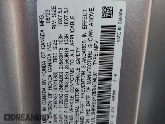 2024 Honda CR-V EX-L with VIN 2HKRS3H78RH304097, listed as a Copart auction lot 51992155 with 60,763 mi miles and Salvage Title. Bid and sale history available at DreamBid. Image 12.