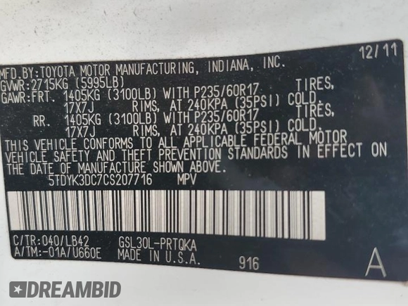 2012 Toyota Sienna XLE AAS с VIN 5TDYK3DC7CS207716, выставлен на аукционе Copart как лот 60592265 с пробегом 287 021 миль миль и Списание • Salvage title. История ставок и продаж доступна на DreamBid. Изображение 14.