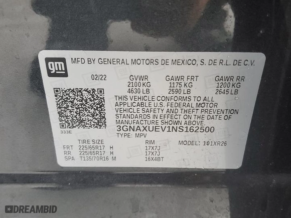 2022 Chevrolet Equinox LT with VIN 3GNAXUEV1NS162500, listed as a Copart auction lot 46407115 with 0 mi miles and Salvage Title. Bid and sale history available at carsss.com. Image 14.
