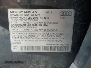 2018 Audi Q5 Premium Plus with VIN WA1BNAFYXJ2207489, listed as a Copart auction lot 62893875 with 127,122 mi miles and Salvage title. Bid and sale history available at DreamBid. Image 12.