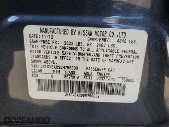 2013 Infiniti G37 x with VIN JN1CV6AR9DM759939, listed as a Copart auction lot 51767705 with Not Provided miles and Salvage Title. Bid and sale history available at carsss.com. Image 12.