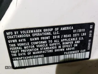 2013 Volkswagen Passat S with VIN 1VWAP7A34DC086352, listed as a Copart auction lot 47503005 with 121,106 mi miles and Clean title. Bid and sale history available at DreamBid. Image 12.