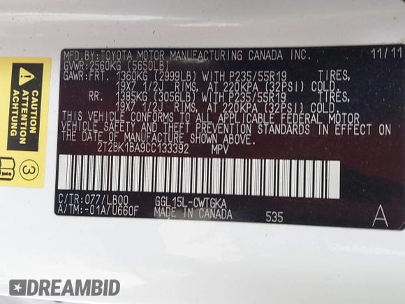 2012 Lexus RX 350 with VIN 2T2BK1BA9CC133392, listed as a IAAI auction lot 42433680 with 140,944 mi miles and . Bid and sale history available at DreamBid. Image 9.
