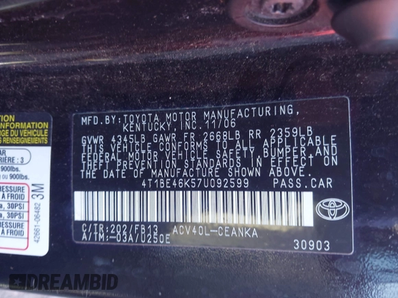2007 Toyota Camry CE with VIN 4T1BE46K57U092599, listed as a IAAI auction lot 41829141 with 202,123 mi miles. Bid and sale history available at carsss.com. Image 9.