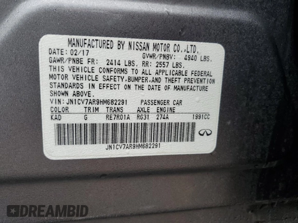 2017 Infiniti Q50 2.0t Premium with VIN JN1CV7AR9HM682291, listed as a Copart auction lot 84290424 with 67,981 mi miles and Salvage Title. Bid and sale history available at carsss.com. Image 12.