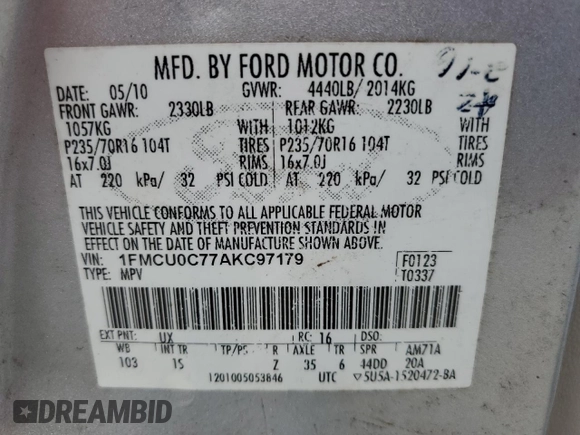 2010 Ford Escape XLS z VIN 1FMCU0C77AKC97179, wystawiony jako Copart lot #64385055 z przebiegiem 164 525 mil mil oraz Czysty tytuł • Clean title. Historia ofert i sprzedaży dostępna na DreamBid. Obrazek 12.