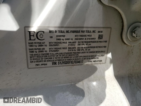 2020 Tesla Model Y Long Range with VIN 5YJYGDEFXLF034617, listed as a Copart auction lot 53235235 with 113,480 mi miles and Salvage Title. Bid and sale history available at DreamBid. Image 13.