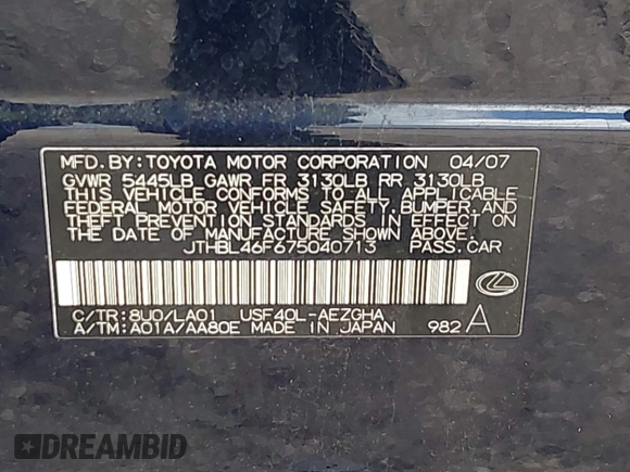 2007 Lexus LS 460 with VIN JTHBL46F675040713, listed as a IAAI auction lot 42624465 with 109,079 mi miles and . Bid and sale history available at DreamBid. Image 9.