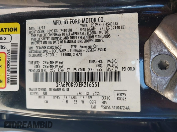2014 Ford Fusion Titanium with VIN 3FA6P0K9XER216551, listed as a IAAI auction lot 42037004 with 113,857 mi miles and . Bid and sale history available at DreamBid. Image 9.