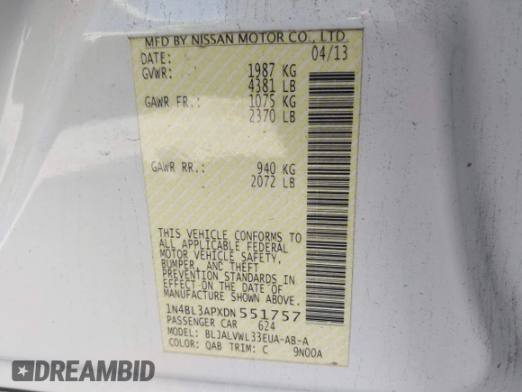 2013 Nissan Altima SV with VIN 1N4BL3APXDN551757, listed as a IAAI auction lot 41663814 with 102,547 mi miles and . Bid and sale history available at DreamBid. Image 9.