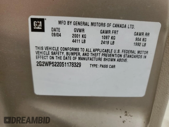 2005 Pontiac Grand Prix with VIN 2G2WP522051178329, listed as a Copart auction lot 59845825 with 122,570 mi miles and Salvage title. Bid and sale history available at DreamBid. Image 12.