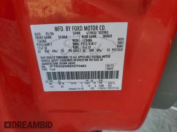 2006 Ford F-150 STX with VIN 1FTRX02W66KD70483, listed as a Copart auction lot 44233345 with 159,149 mi miles and Clean title. Bid and sale history available at DreamBid. Image 12.