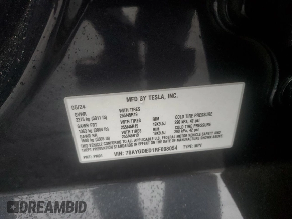 2024 Tesla Model Y with VIN 7SAYGDED1RF098054, listed as a Copart auction lot 44072195 with 16,085 mi miles and Salvage Title. Bid and sale history available at DreamBid. Image 15.