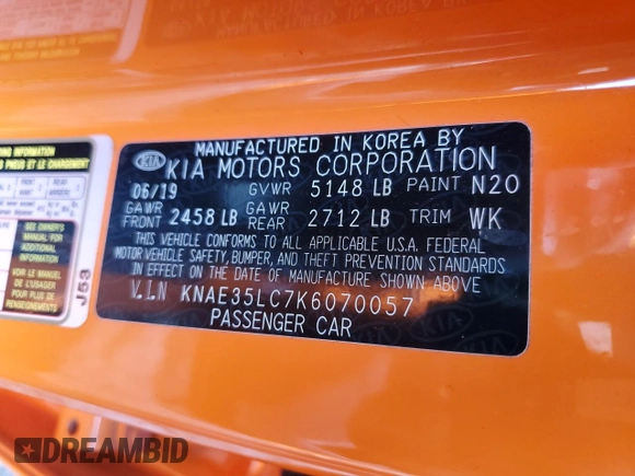 2019 Kia Stinger GT with VIN KNAE35LC7K6070057, listed as a Copart auction lot 41989245 with 43,703 mi miles and Clean Title. Bid and sale history available at DreamBid. Image 12.