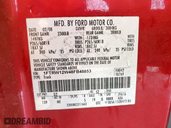 2008 Ford F-150 XL with VIN 1FTRW12W48FB48853, listed as a Copart auction lot 60558615 with Not provided miles and Salvage title. Bid and sale history available at DreamBid. Image 13.