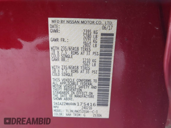 2017 Nissan Murano SL with VIN 5N1AZ2MH4HN175416, listed as a IAAI auction lot 42345395 with 72,962 mi miles and . Bid and sale history available at DreamBid. Image 9.