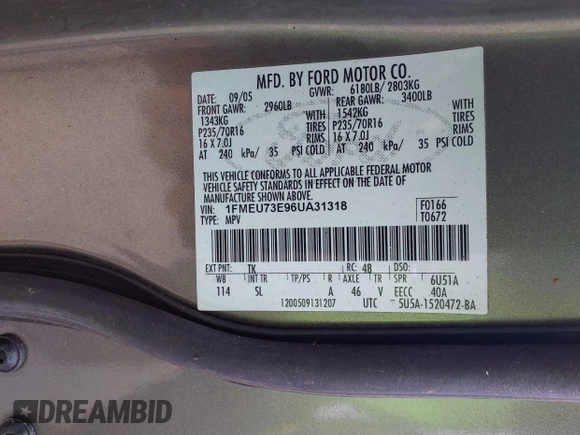 2006 Ford Explorer XLT z VIN 1FMEU73E96UA31318, wystawiony jako IAAI lot #42230310 z przebiegiem 134 071 mil mil oraz . Historia ofert i sprzedaży dostępna na DreamBid. Obrazek 9.