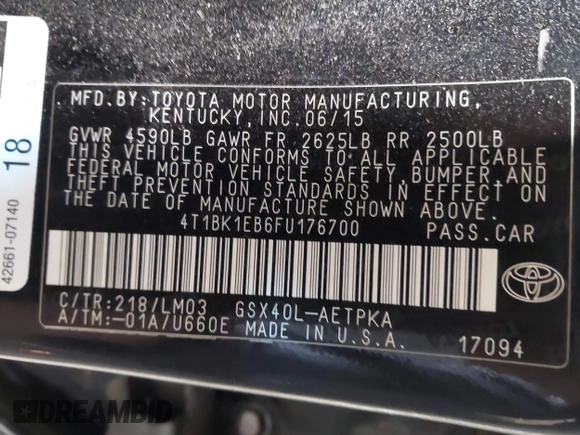 2015 Toyota Avalon Limited with VIN 4T1BK1EB6FU176700, listed as a IAAI auction lot 41182880 with 104,830 mi miles and . Bid and sale history available at DreamBid. Image 9.
