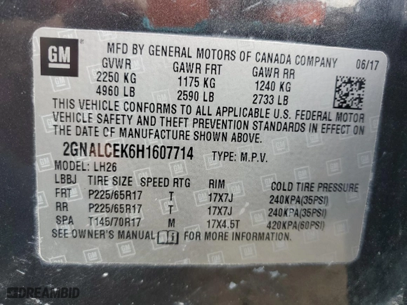 2017 Chevrolet Equinox LT with VIN 2GNALCEK6H1607714, listed as a Copart auction lot 49578715 with 108,273 mi miles and Clean Title. Bid and sale history available at carsss.com. Image 13.