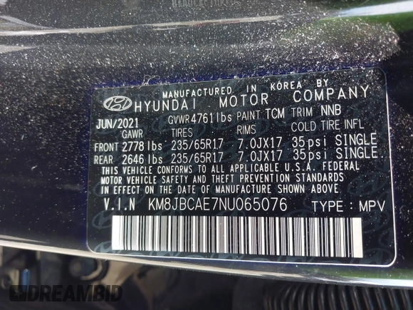 2022 Hyundai Tucson Preferred z VIN KM8JBCAE7NU065076, wystawiony jako IAAI lot #41769597 z przebiegiem 20 813 mil mil oraz . Historia ofert i sprzedaży dostępna na DreamBid. Obrazek 9.