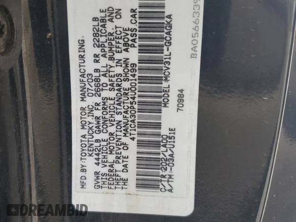 2004 Toyota Solara SE with VIN 4T1CA30P54U001499, listed as a Copart auction lot 60709505 with 172,442 mi miles and Salvage title. Bid and sale history available at DreamBid. Image 12.