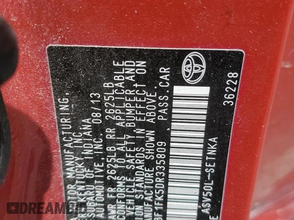 2013 Toyota Camry L with VIN 4T4BF1FK5DR335809, listed as a Copart auction lot 50691675 with 41,346 mi miles and Salvage Title. Bid and sale history available at carsss.com. Image 14.