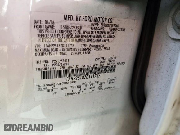 2007 Ford Five Hundred Limited with VIN 1FAHP25187G111737, listed as a Copart auction lot 72431324 with 0 mi miles and Salvage Title. Bid and sale history available at carsss.com. Image 13.
