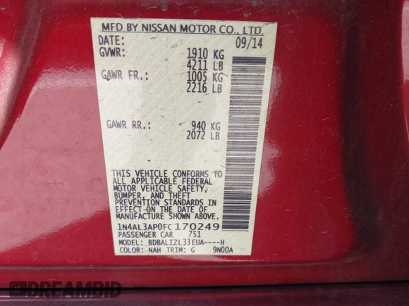 2015 Nissan Altima SV with VIN 1N4AL3AP0FC170249, listed as a IAAI auction lot 41964262 with 141,830 mi miles and . Bid and sale history available at carsss.com. Image 9.