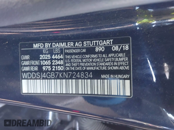2019 Mercedes-Benz CLA 250 with VIN WDDSJ4GB7KN724834, listed as a IAAI auction lot 41397528 with 47,727 mi miles and . Bid and sale history available at DreamBid. Image 9.