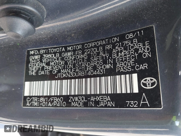 2011 Toyota Prius I with VIN JTDKN3DUXB1404431, listed as a IAAI auction lot 42045275 with 101,293 mi miles. Bid and sale history available at carsss.com. Image 9.