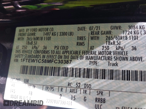 2021 Ford F-150 XL с VIN 1FTEW1C58MFC30387, выставлен на аукционе IAAI как лот 41859827 с пробегом 81 323 миль миль и . История ставок и продаж доступна на DreamBid. Изображение 9.