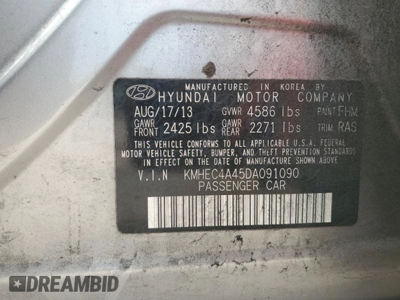2013 Hyundai Sonata with VIN KMHEC4A45DA091090, listed as a Copart auction lot 48557215 with Not Provided miles and Non Repairable. Bid and sale history available at carsss.com. Image 12.