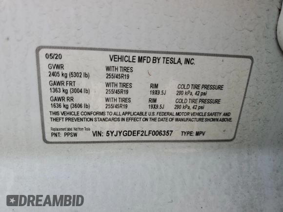 2020 Tesla Model Y Long Range with VIN 5YJYGDEF2LF006357, listed as a Copart auction lot 54888215 with 55,983 mi miles and Salvage Title. Bid and sale history available at DreamBid. Image 12.