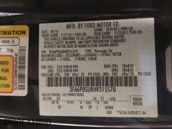 2017 Ford Fusion Titanium с VIN 3FA6P0SU8HR215570, выставлен на аукционе IAAI как лот 41427407 с пробегом 97 281 миль миль и . История ставок и продаж доступна на DreamBid. Изображение 9.
