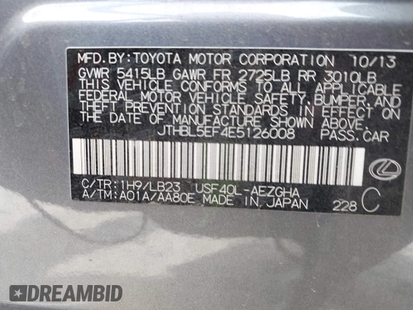 2014 Lexus LS 460 with VIN JTHBL5EF4E5126008, listed as a IAAI auction lot 42248168 with 179,439 mi miles and . Bid and sale history available at DreamBid. Image 9.