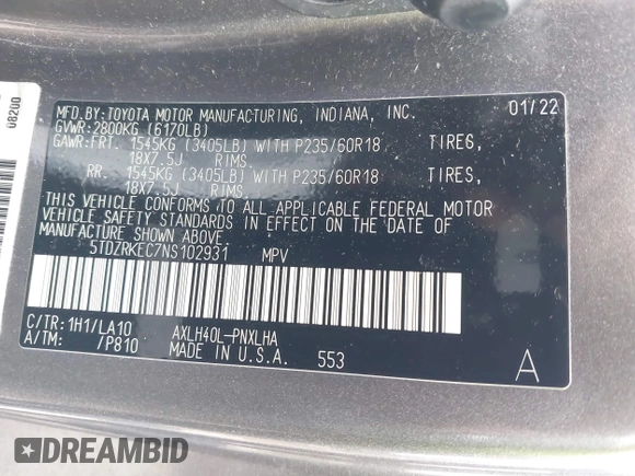 2022 Toyota Sienna Limited with VIN 5TDZRKEC7NS102931, listed as a IAAI auction lot 41419509 with 132,885 mi miles and . Bid and sale history available at DreamBid. Image 9.