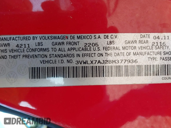 2011 Volkswagen Jetta SEL with VIN 3VWLX7AJ2BM377936, listed as a IAAI auction lot 41758563 with 171,633 mi miles and . Bid and sale history available at DreamBid. Image 9.