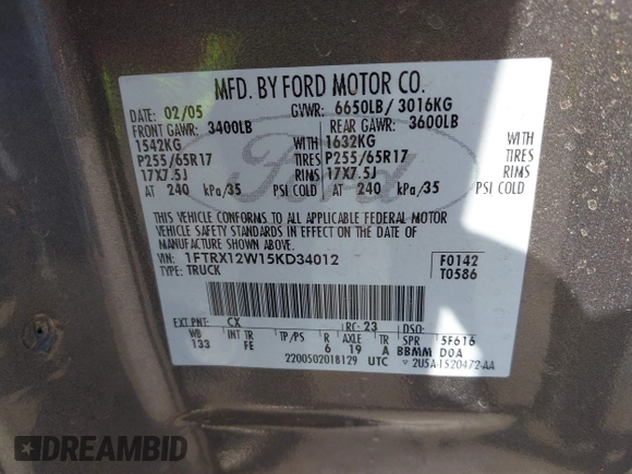 2005 Ford F-150 STX with VIN 1FTRX12W15KD34012, listed as a IAAI auction lot 41991377 with 178,984 mi miles and . Bid and sale history available at DreamBid. Image 9.